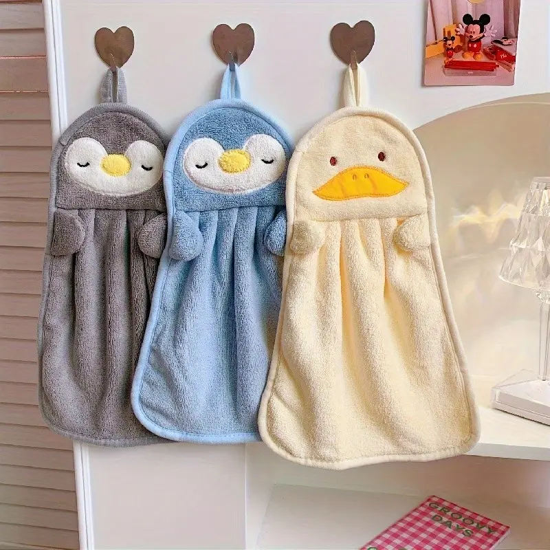 3-Pack Animal Theme Finger Towels, Soft Coral Fleece, Absorbent Non-Fading, Penguin Duck Chicken Patterns, Light, Bathroom Kitchen Travel