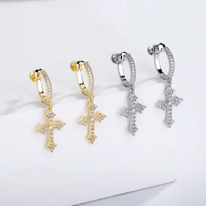 Pain Free Screw Back Clip On Earrings, Sparkly CZ Circle Cross Earrings, No Piercing Needed For Men Women