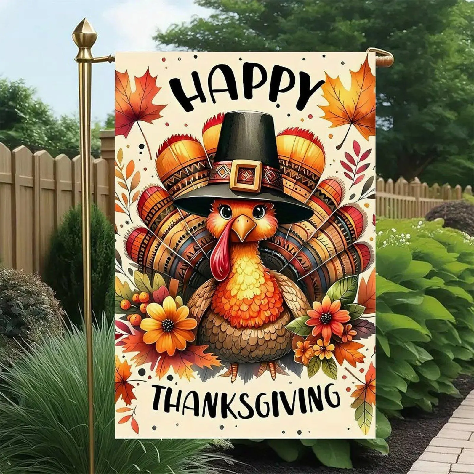 Double-Sided Happy Thanksgiving Pilgrim Turkey, Maple Leaf & Autumn Floral Garden Flag, 12x18 in Outdoor Yard Decor for Fall Harvest Festive Home Supplies, Outdoor Decor