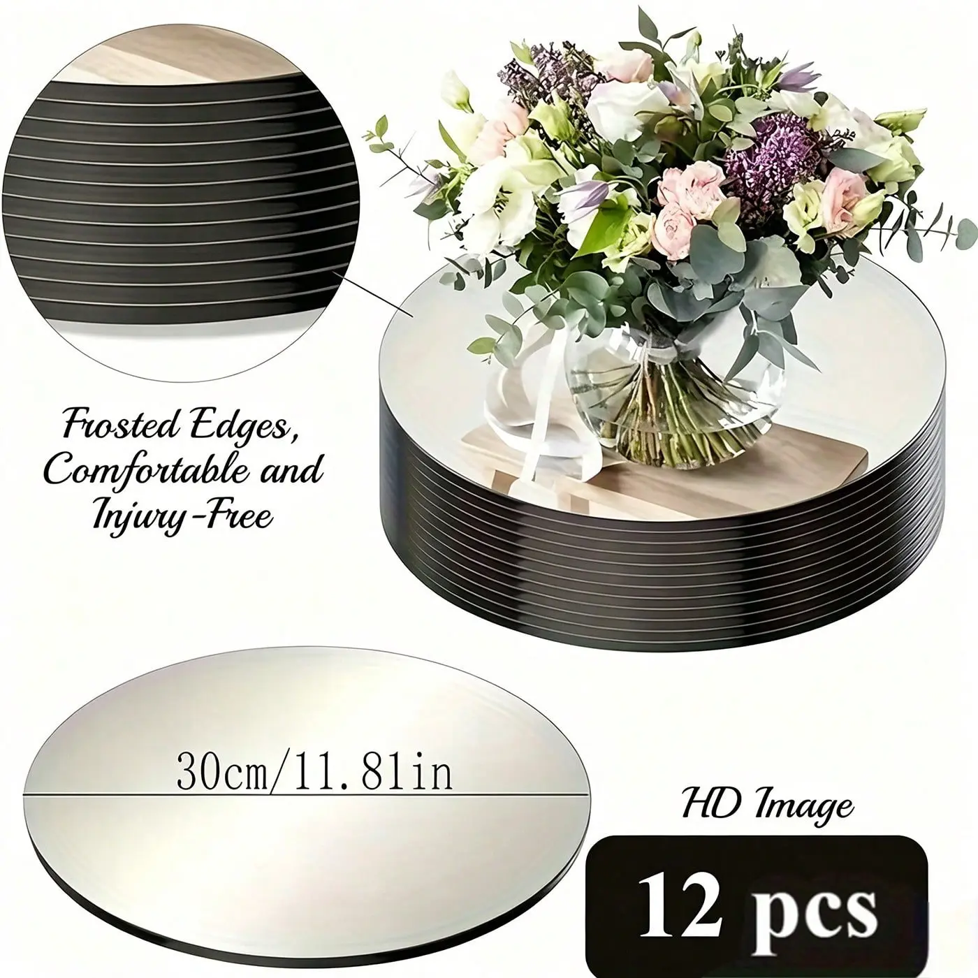 Acrylic Round Tabletop Mirror Tray, 30cm/11.81 Inches, 12pcs, Wedding Decor, Home Decor, Self-Adhesive Wall Sticker, Table Centerpiece