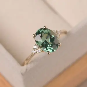 Elegant 18k Gold Plated Green Synthetic Zircon Ring Oval Cut for Weddings Formal Occasions All Year Round Engagement Jewelry
