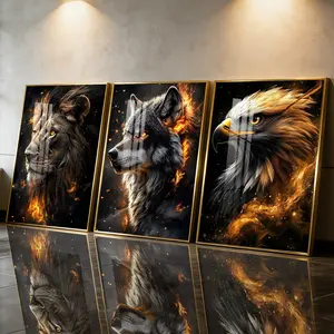 3Pcs Aluminum Alloy Framed Painting, Lion Wolf Eagle Fiery Animal Art Picture, Home Decoration For Living Room, Bedroom, Office, Restaurant, Hallway Wall Decor, Odorless Print Artwork, Luxury Perfect Gift For Friends And Family