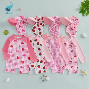 Toddler Girl Rash Guard Swimsuit Strawberry/Bow/Cherry Print Long Sleeves Front Zipper Bathing Suit with Hat