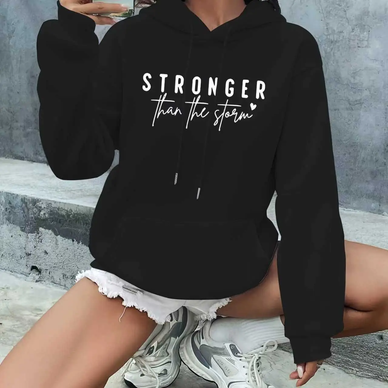 Unisex T-Shirt Stronger Than The Storm Graphic Hoodie Motivational Quote Sweatshirt Women Men Casual Wear Christmas Gift Holiday Present New Year Gift