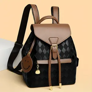 Stylish Quilted PU Backpack for Women - Coffee Brown & Black Color Block Design with Golden Buckle, Adjustable Shoulder Straps, and joyful Face Charm - Perfect for Work, Travel, and Everyday Use, Travel Backpack