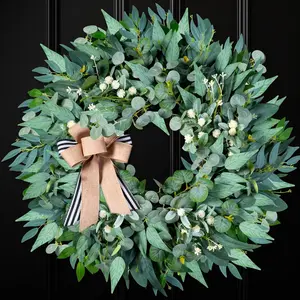 26'' Large Wreaths for Front Door Year Round, Summer Artificial Green Eucalyptus Wreath with Burlap Bow, Farmhouse Home for Window Porch Housewarming