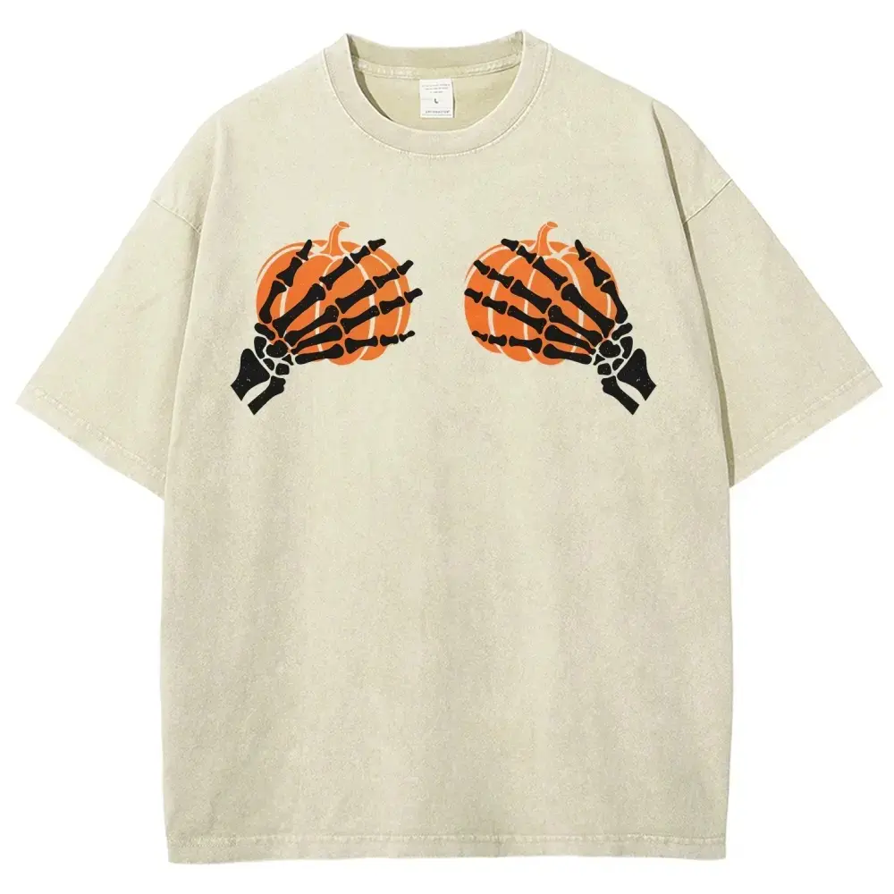 Menswear Oversized Vintage Washed Short-Sleeve Round Neck Black T-Shirt, Gothic Print & Pumpkin Motif Front Design, Unisex Tops for Casual & Halloween Wear, Casual Wear