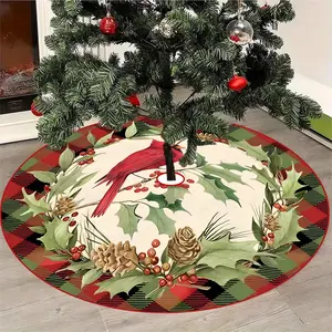 JIT 1pc Christmas Winter Red Bird and Pinecone wreath for Christmas tree decoration tree skirt, Christmas print pattern, Christmas family holiday party tree skirt decoration, machine washable, comfortable and beautiful Christmas gift throughout the year