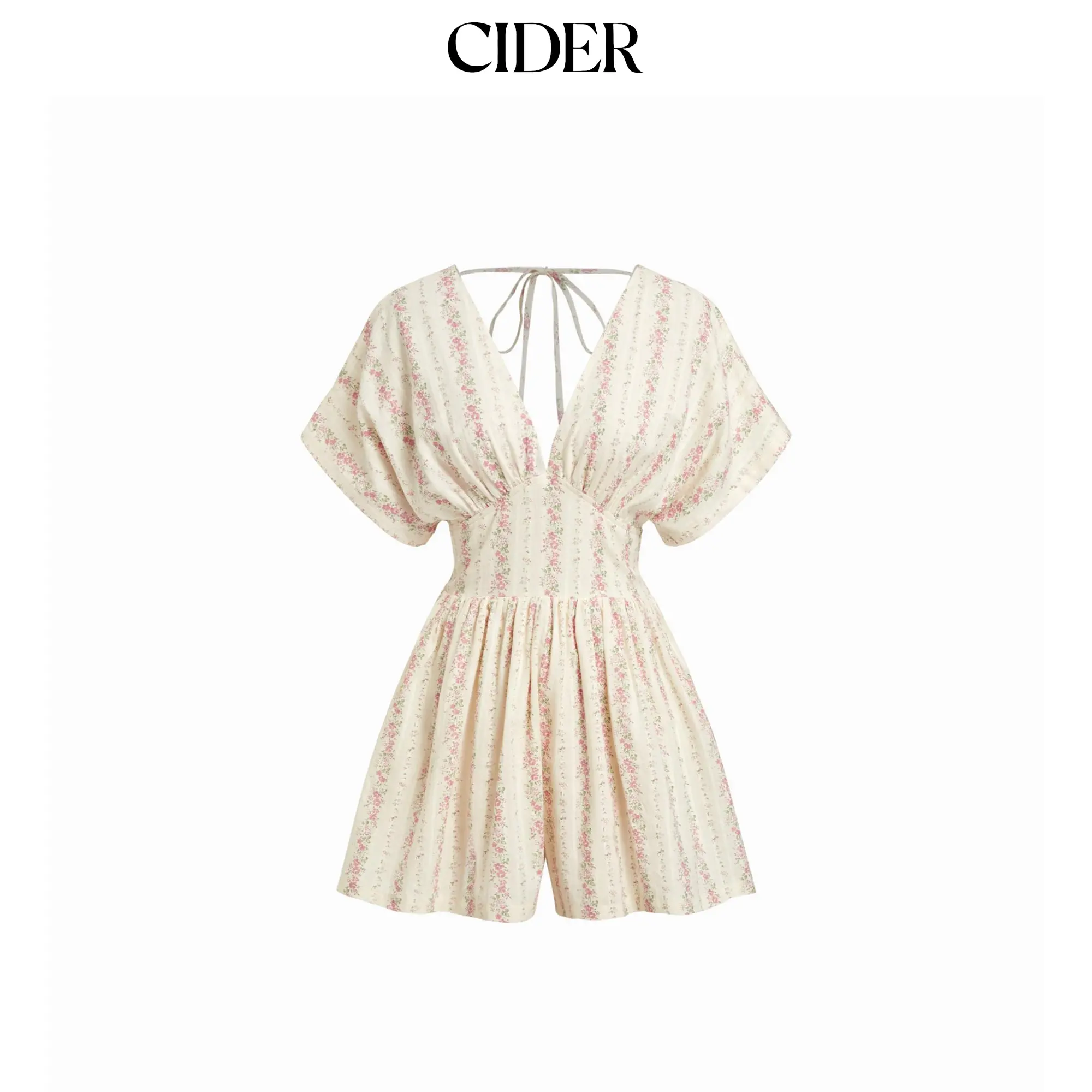 Cider Women's Cotton-Blend Ditsy Floral V-Neck Short-Sleeve Shirred Waist Overalls Romper