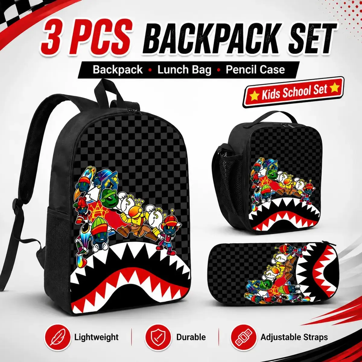 Hip Hop Graffiti Shark Mouth Backpack Set - 3PCS Lightweight Urban Street Style School Daypack with Lunch Box & Pencil Case, Trendy Streetwear Gift for Teens