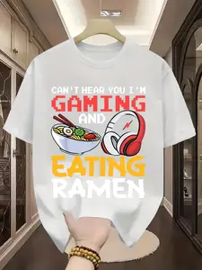 Funny "Can't Hear Me Playing Games/Eating Ramen" Gamer T-Shirt - Unisex Summer Casual Streetwear Tee with Round Neck & Short Sleeve, PC/Console Gaming, Let's Plays & for eating Challenge Videos - Ideal