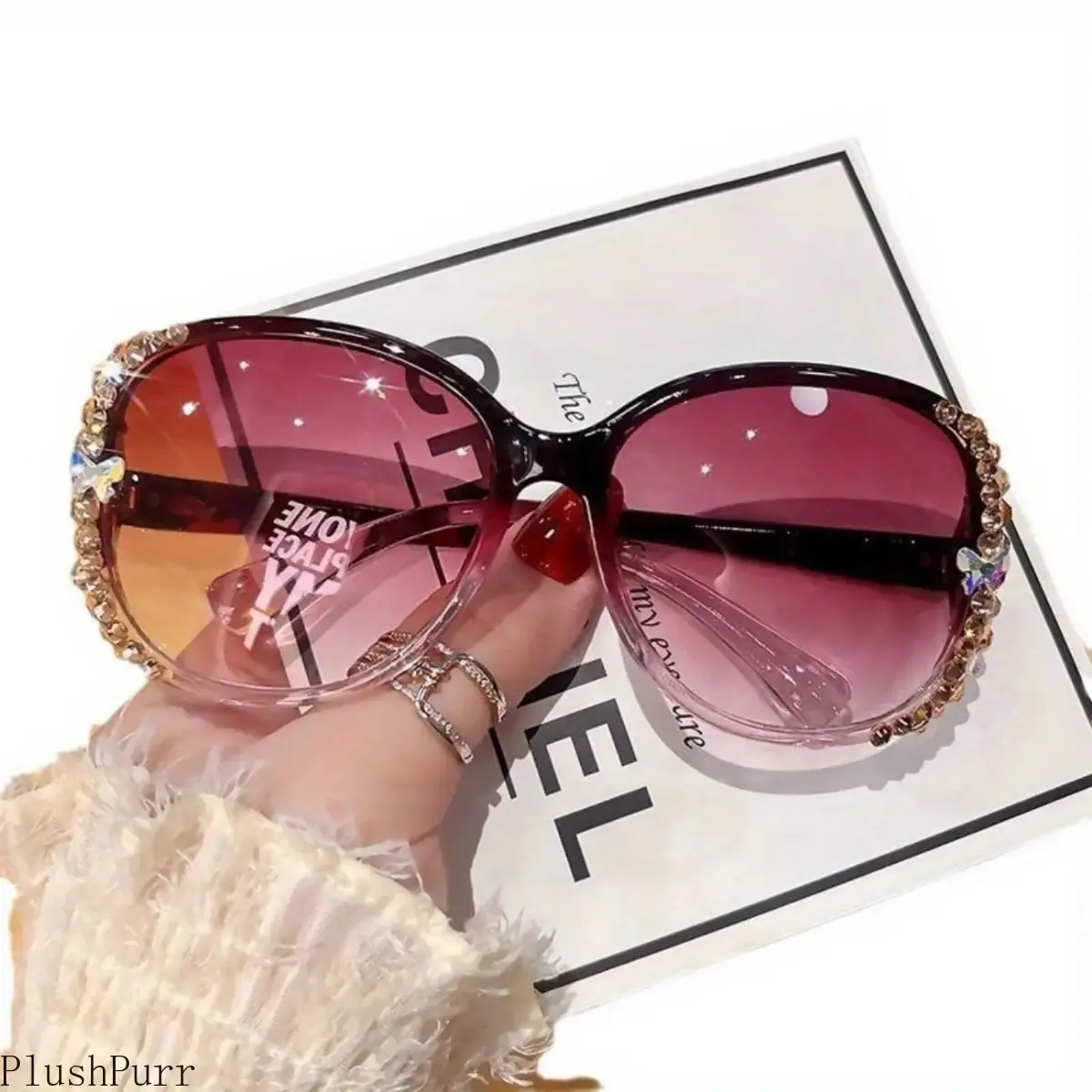 Women's 3-Piece Crystal-Encrusted Demi Sunglasses Set - Purple Gradient Lenses, Half Frame Statement Glasses, Stylish Fashion Easter Gift, DIY Luggage & Bag Accessory, Spring/Summer Outdoor Use (No Lens Care), Stylish Accessories, Carnival, Fashion Access