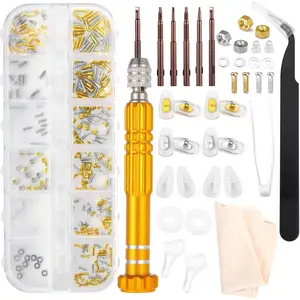 Eye Glass Repair Kit, Eyeglass Repair Kit with  &  Screws, Glasses Nose Pads, Precision  Set, Screw Nuts, Ear Grips & Tweezers, Fits Sunglasses Eyeglasses Watch Repairing