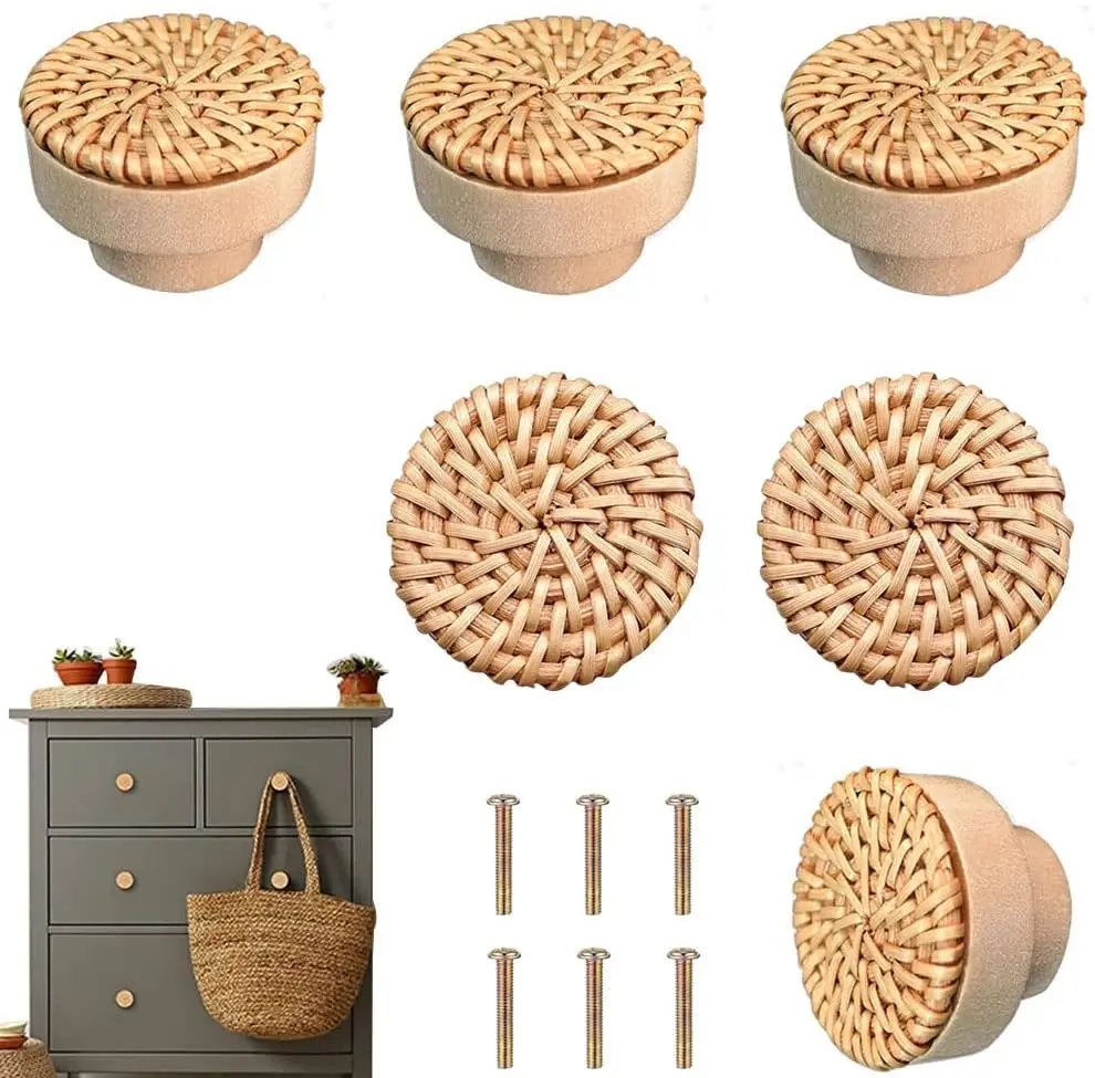 Boho Rattan Dresser Knobs for Girls Kitchen Cabinet knobs and pulls Wicker Woven Decorative Dresser Handles Round Wooden Knobs for Cabinets and Drawers 6 count ( Colours)