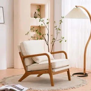 CangLong Armchair Mid-Century Modern Upholstered Lounge Chair with Wood Arms for Living Room Bedroom & Small Office Beige Home Accent Chair Solid Wood Construction Linen Upholstery