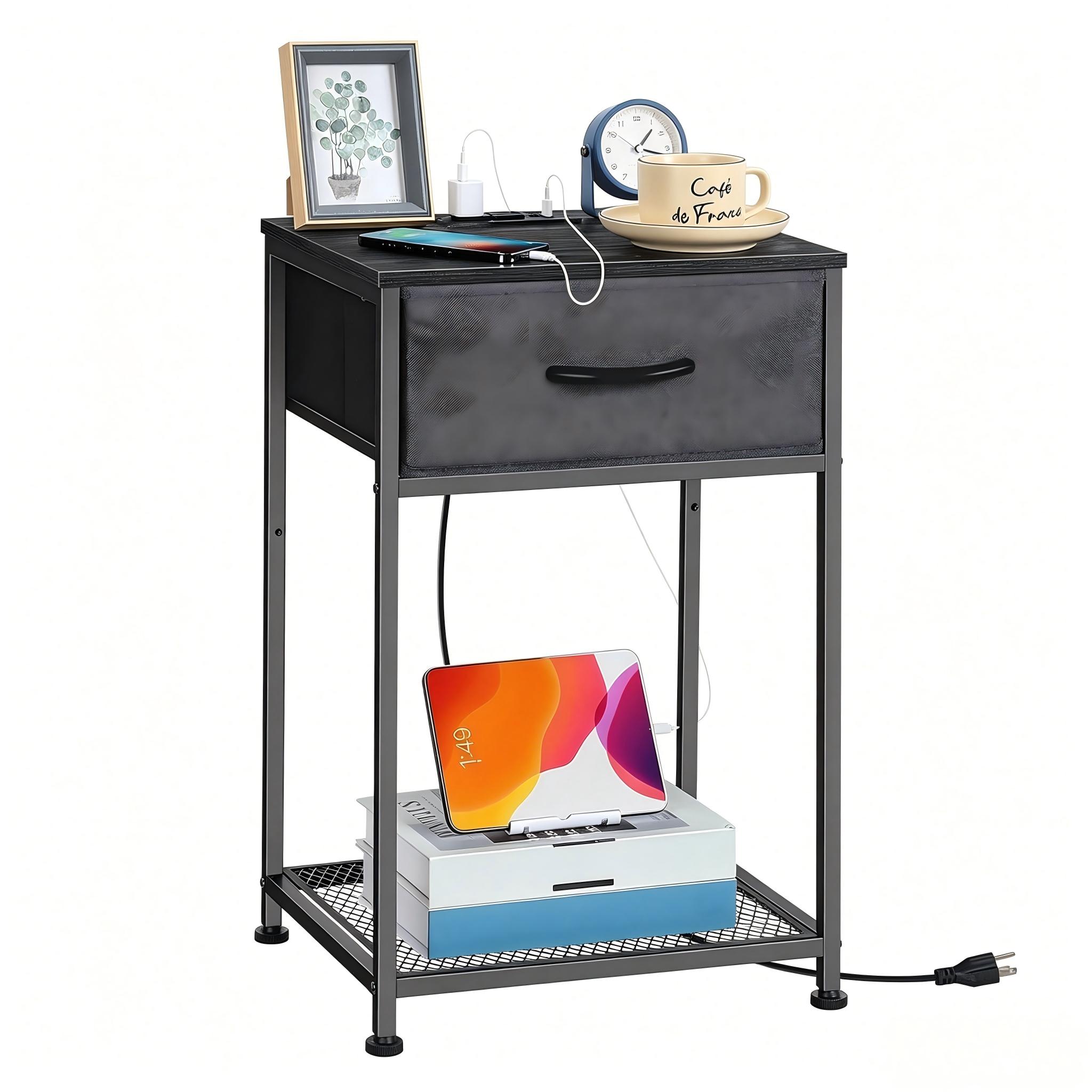 Black Nightstand with Charging Station, USB & AC Power Outlets, Fabric Drawer, Open Storage Shelf, Adjustable Legs – Multifunctional Bedside Cabinet for Bedroom, Living Room