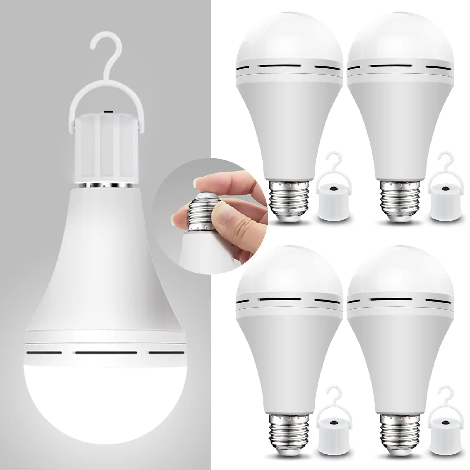 1/2/4 Pack E26/E27 Emergency-Rechargeable-Light-Bulb, Stay Lights Up When Power Failure, 12W 60W Equivalent LED Light Bulbs for Home, Camping, Tent (E27, with Hook) (Daylight)