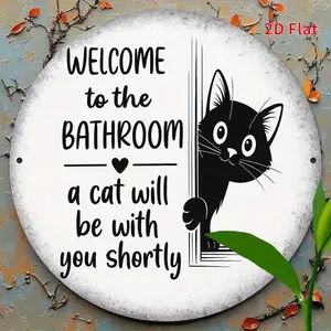 Humorous Cat Metal Sign, Vintage Plaque Decor, Welcome to Bathroom Design, 7.8x7.8 Inches, Perfect for Home Office Bedroom Coffee Shop Garage Decor