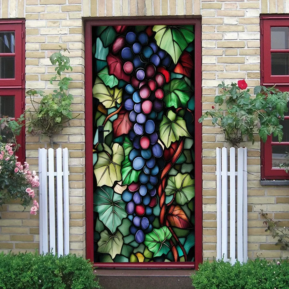 2pcs   Stained Glass Style Grapevine Wall Sticker 200x80cm Large Size High Transparency PVC Material Removable Decorative Decal with Purple Blue Gradient Grapes and Red Green Vines for Living Room Be