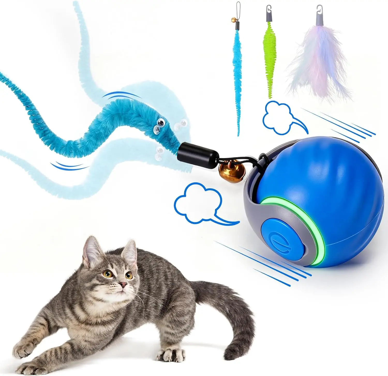 BABORUI Interactive Cat Toy Ball Automatic Interactive Cat Toys for Indoor Cats with 3 Tails 2 Speeds Rechargeable Cat Enrichment Toys for Small Medium Large Cats to Keep Them Busy Blue