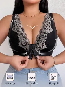 Plus-Size Women's lace front-closure bra, designed for lift and support with widened sides, providing comprehensive support for fuller figures.