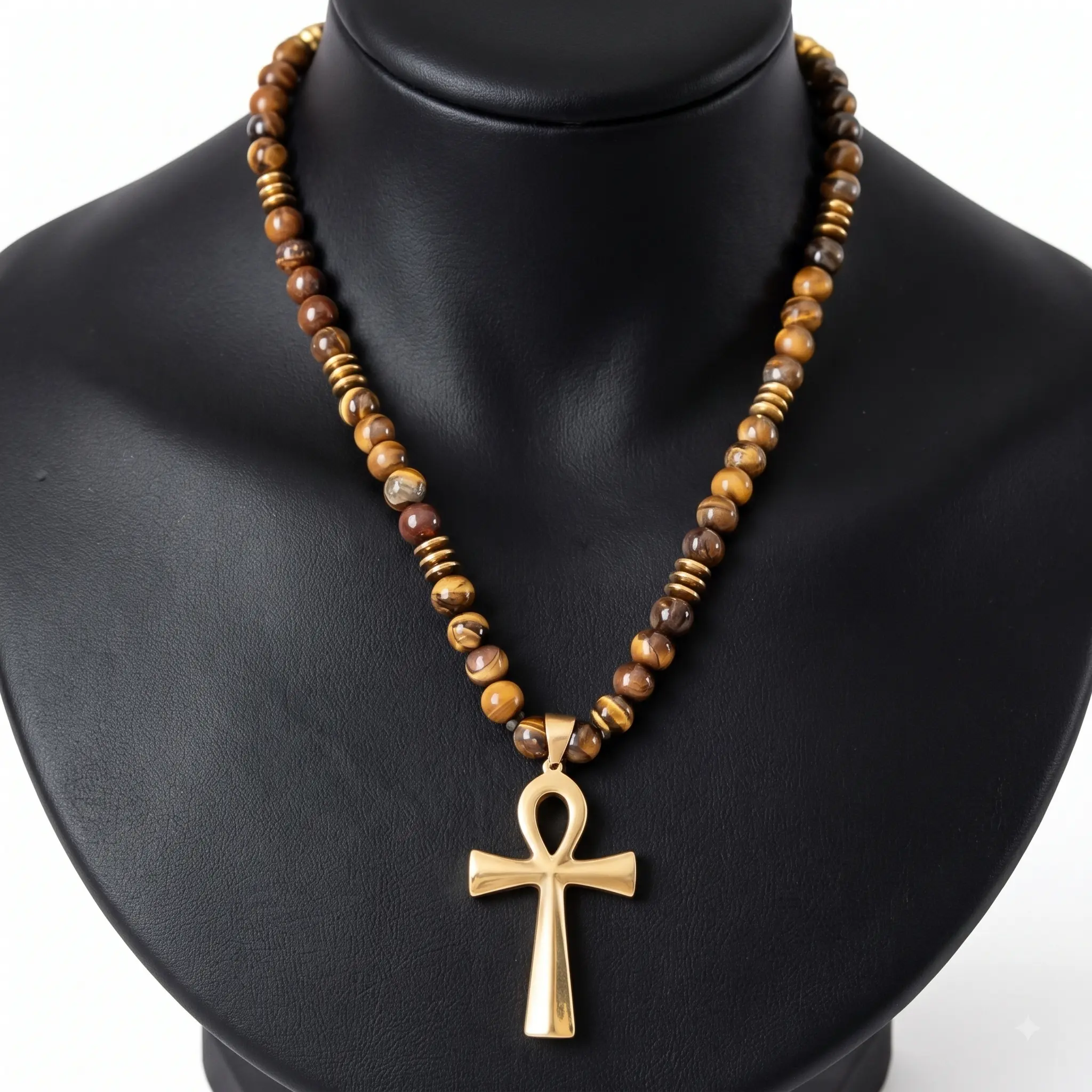 Ankh Cross Necklace Natural Tiger Eye Beads  | Ancient Egyptian Style Gold Tone Gemstone Beaded Pendant with Adjustable Knot Cord | Unisex Spiritual Jewelry | Perfect Gift for Men, Women, Him, Her