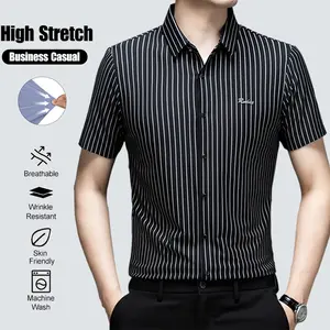 Men's High-Elastic Quick-Drying Breathable Formal Shirt Wrinkle-Resistant Muscle-Hugging Short-Sleeved Business/Sports/Casual Shirt Tailored/Relaxed Fit Black Menswear Classic Stripe Top