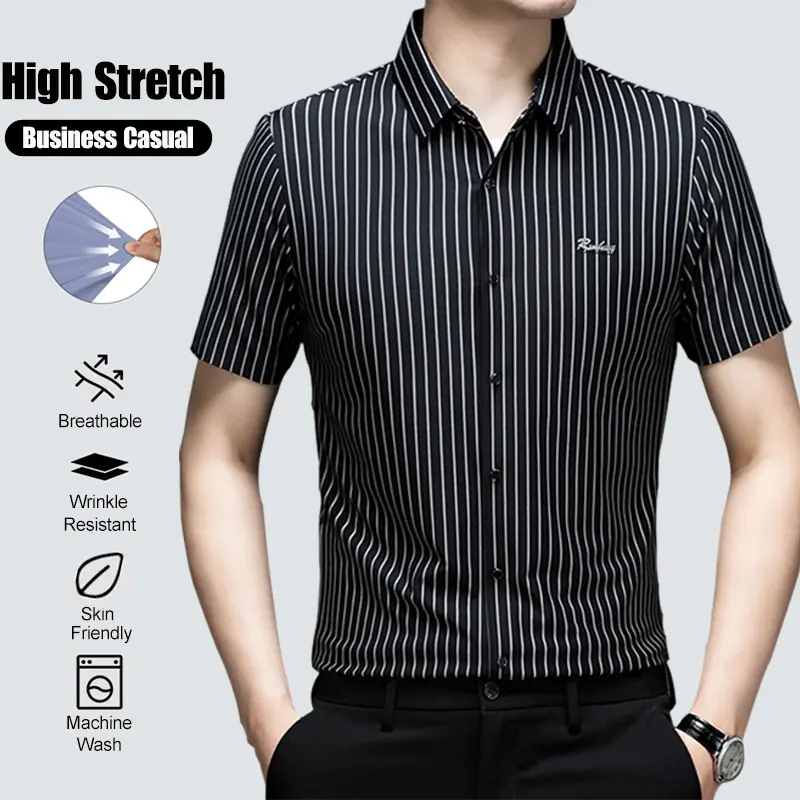 Men's High-Elastic Quick-Drying Breathable Formal Shirt Wrinkle-Resistant Muscle-Hugging Short-Sleeved Business/Sports/Casual Shirt Tailored/Relaxed Fit Black Menswear Classic Stripe Top Nylon