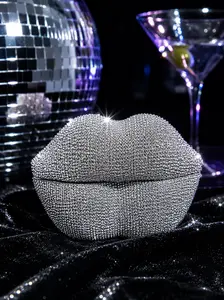 Metallic Silver Beaded Lip Trinket Box | Cyber Y2K Aesthetic Room Decor & Jewelry Organizer