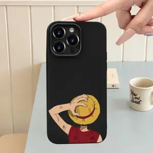 Black and Orange Style One Piece Straw Hat Pirate Black Printed Phone Case for iPhone 16E/15/14/13/12/11/8/7 Pro Max Plus Mini XS XR, High Quality, Beautiful Soft Silicone Ultra-thin TPU Protective Case, Suitable for Women, Girls, Boys, Boyfriend and Girl