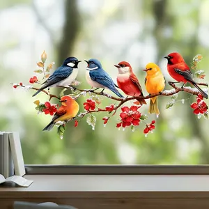 Window Sticker, 6 Birds on Flowering Plum Branches, Creative New PVC Waterproof Self-Adhesive Removable, Perfect Holiday Gift