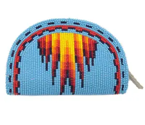 Hand Beaded Native American Inspired Ethnic Style Seed Bead Coin Purse - Cyan Fire