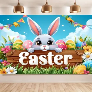 2D Flat Easter Egg Rabbit Background Banner with Flag and Flowers, Ideal for Easter Decoration and Spring Party Decor for Indoor and Outdoor Use