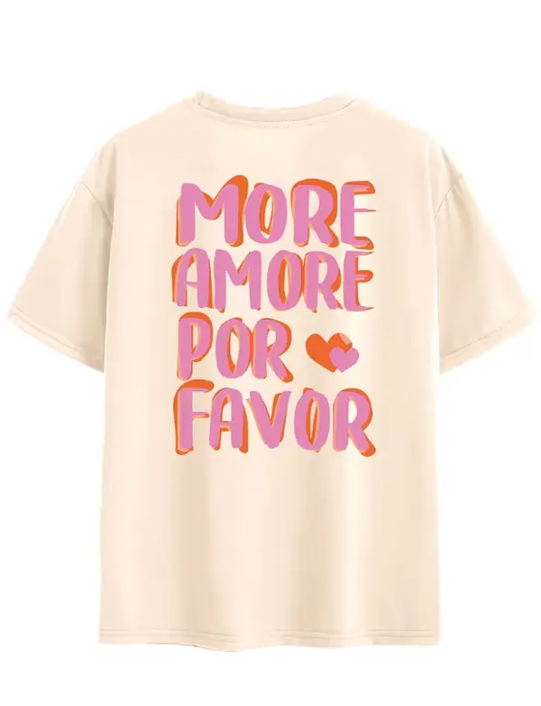 More Amore Por Favor Double Shadow Letter Heart Women's Cream Short Sleeve Back Print T-Shirt.Valentine Love Gift T-Shirt, Pink Orange 3D Hand Drawn Font More Amore Por Favor Double Heart Oversized Top.