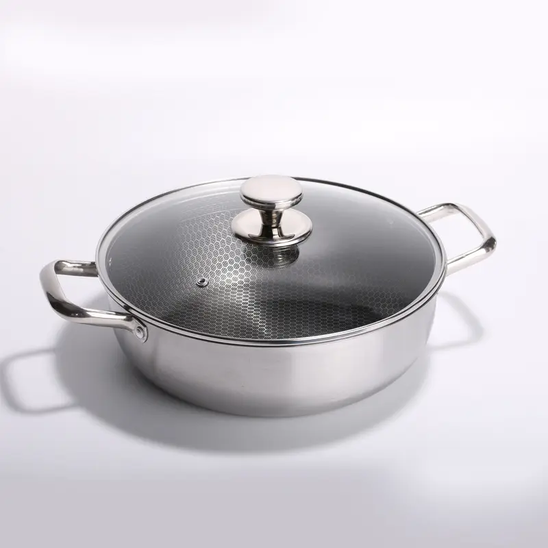 Nonstick Stainless Steel Stockpot - Durable Cookware with Transparent Heat-Resistant Glass Lid, Dual Handles, Honeycomb Release, Less Oil Cooking, Quick Clean, Dishwasher Safe, Induction Compatible for Family Meals, Hot Pot Meals