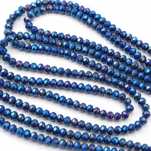 6mm Electroplated Glass Faceted Beads, Metallic Blue Rondelle Bead Strand, Sparkly Jewelry Making Beads, Approx 76 Beads