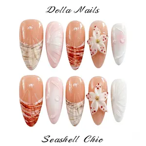 Dolla Nails 100% Handmade 3D Seashell Chic Almond Press-On Nails, Nude Gradient with Shell & Flower Details, Coastal Mermaid Aesthetic with Pearls, Reusable Salon-Quality Daily & Beach Manicure