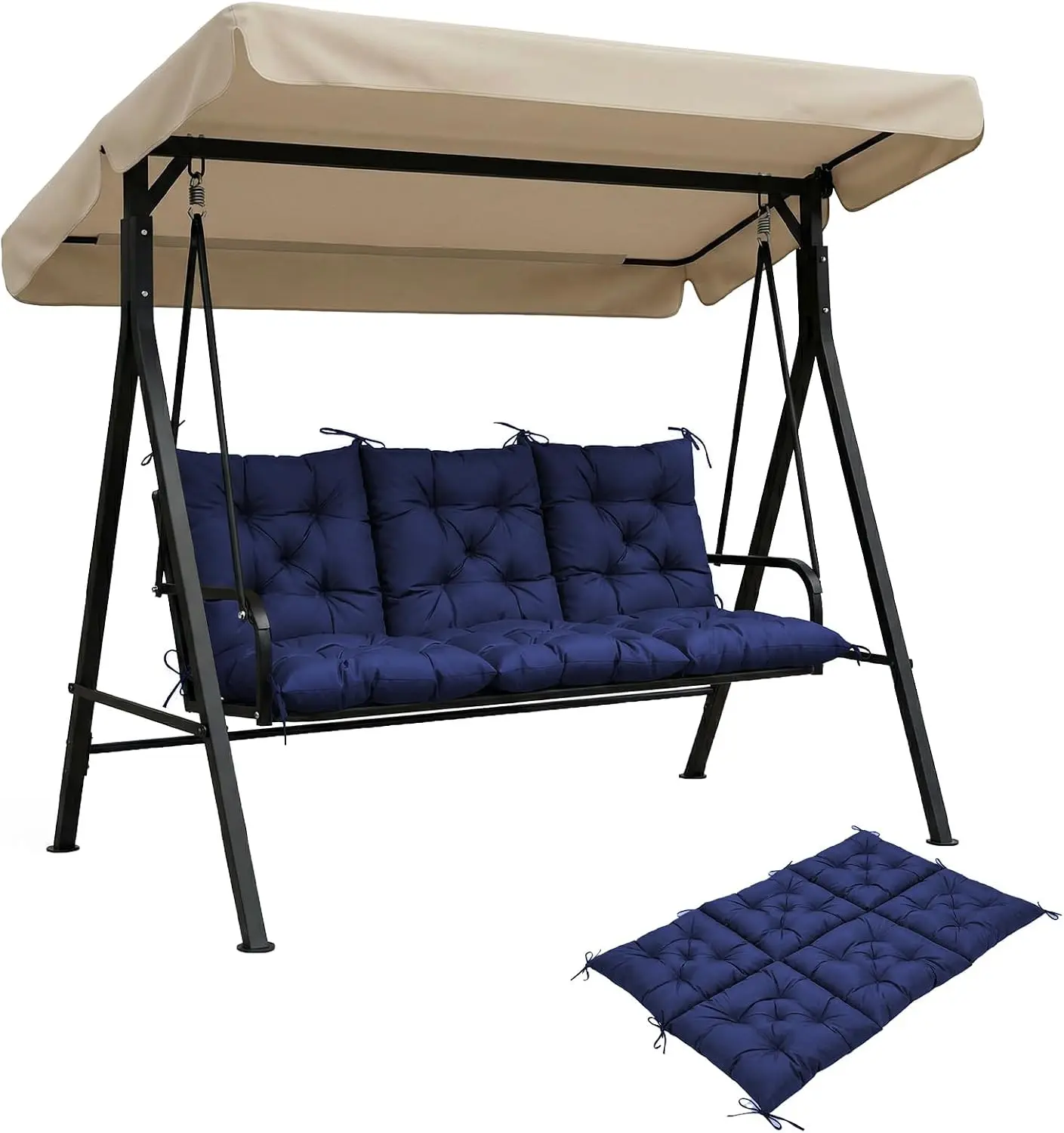 Outdoor Porch Swing Cushion with Backrest, Waterproof 2-3 Seater Replacement Swing Cushion, Thickened Bench Cushion with Ties for Patio Furniture, Porch, Backyard, Garden, Lawn (NavyBlue 60*40in)