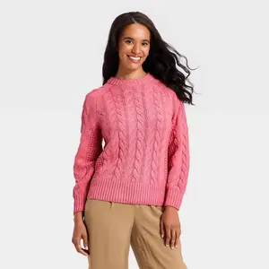 Women's Long Sleeve Round Neck Cable Sweater - A New Day Pink XS