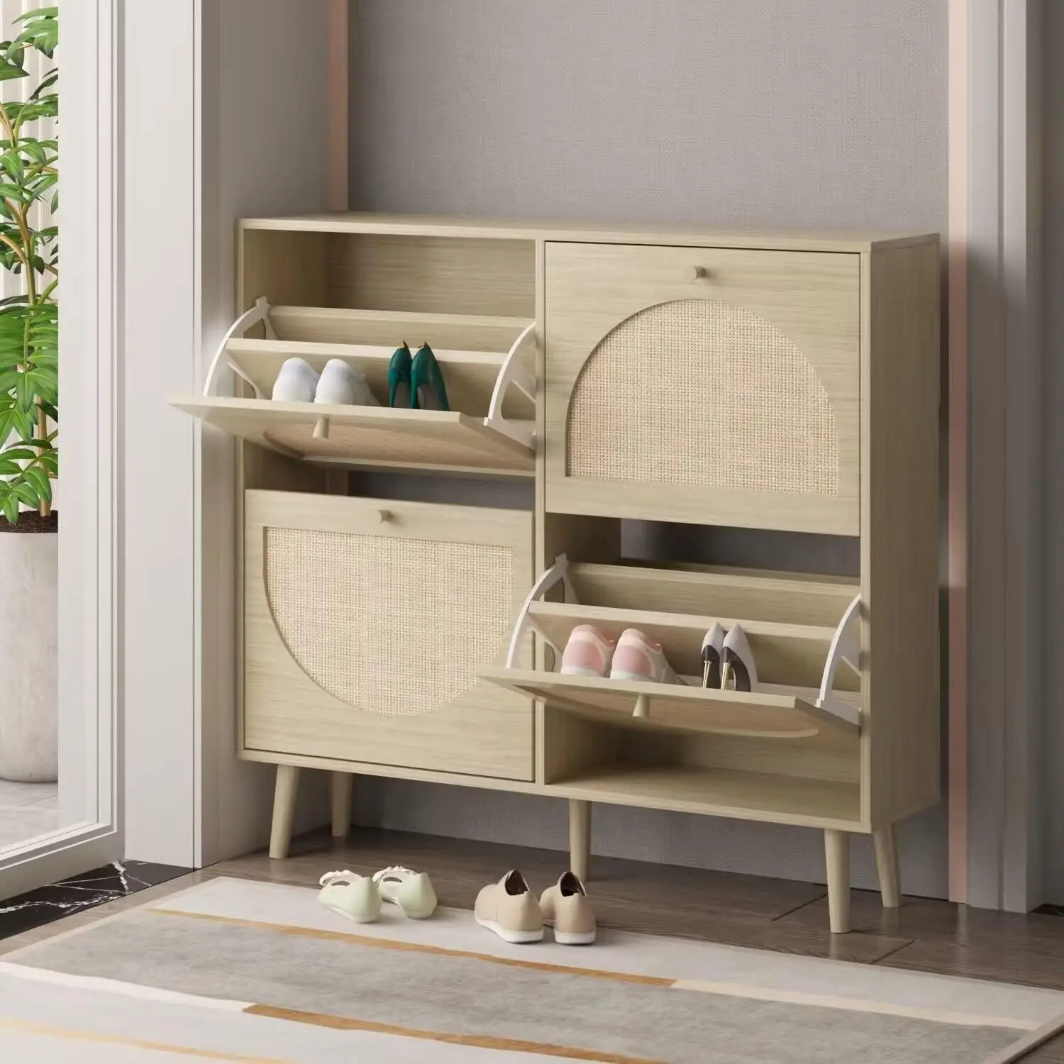 Shoe Cabinet with 4 Flip Drawers, 2 Tier Freestanding Shoe Organizer, Hidden Shoe Rack Organizer, Rattan Shoe Storage Cupboard for Entryway Hallway Living Room, Natural