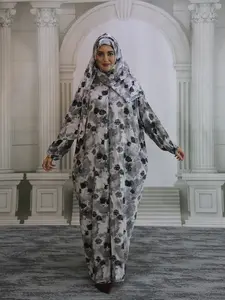 Muslim Women's Headscarf Integrated Soft Breathable Prayer Dress, Fashion Embroidered Lace Long Robe, Casual All-Season Loose-Fit