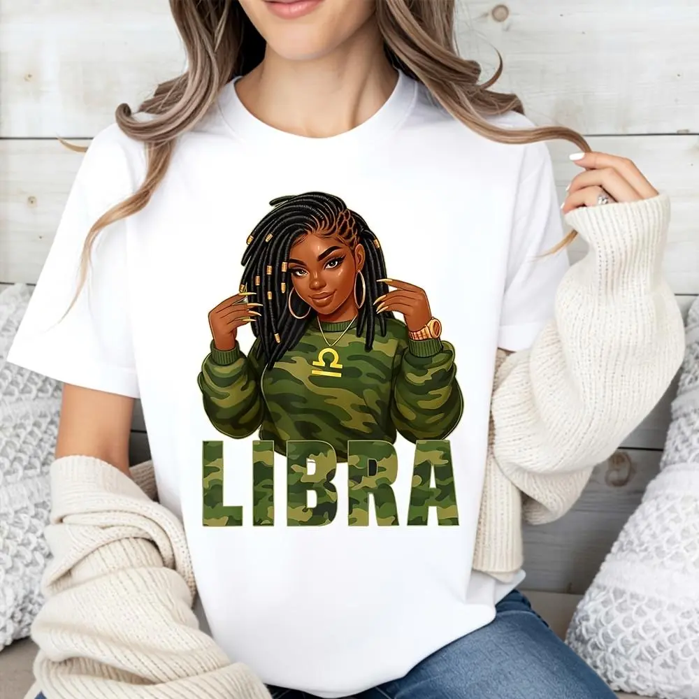 Women's Short-Sleeve Flat Oversized Camo Print Libra Zodiac Art Essential T-Shirt - Soft Breathable Fabric Top, Style-Focused Spring Summer Daily Wear, Gift for Astrology Lovers