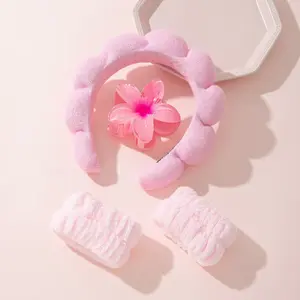 Plumeria Flower Bubble Flannel Sponge Headband & Hair Clip Set, Waterproof Makeup Headband, Cloud Hair Hoop Hair Accessories