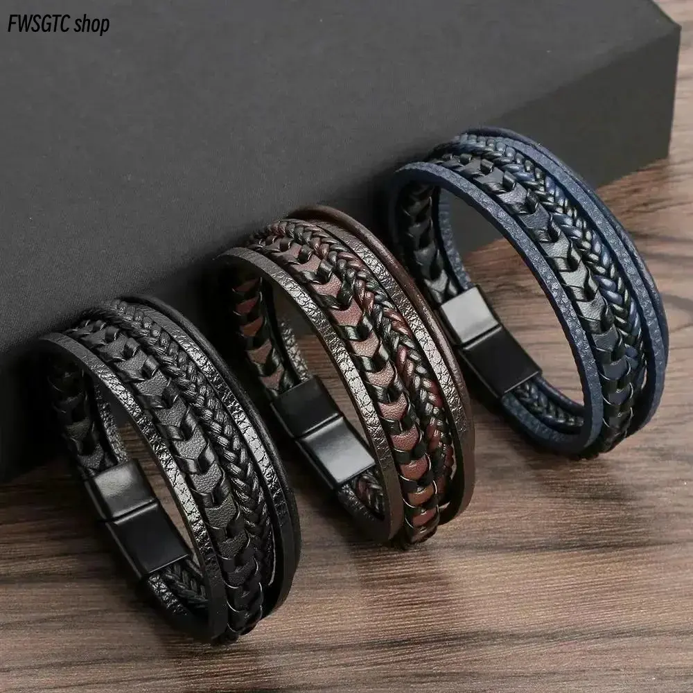 3-Pack Multi-Layer Bracelets for Men, Retro Braided Leather Rope with Alloy Magnetic Buckle. Trendy Fashion Accessories, Stylish Ornaments for Men's Daily Dressing & Casual Outfits
