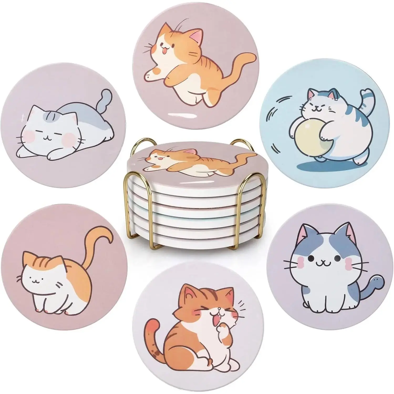 Cute Coaster Set of 6 Cat Lover Gift for Coffee Table Ceramic Coasters with Holder Drink Coaster Unique Cat Themed Gifts Kawaii Anime Decor Office Desk Beverage Coster Funny Cool Bar Cup Coasters