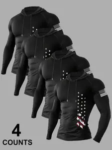 Men's Heavyweight Hooded Long Sleeve Athletic T-Shirt Set, Patriotic Flag Print, Premium Fabric, Casual Fit, Spring & Fall Wear, 4 Pieces