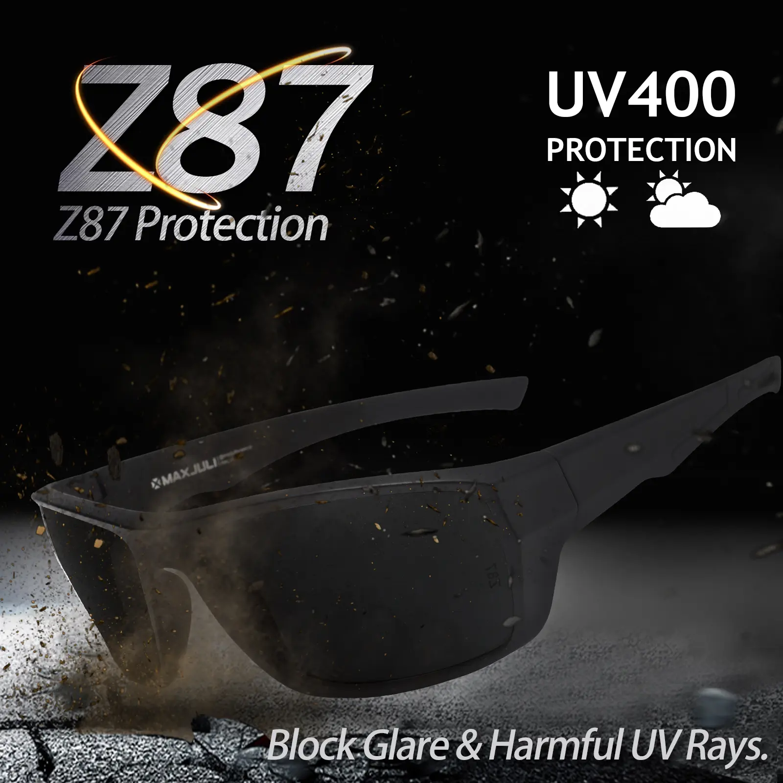 Jet Black Full-Rim Rectangle Glasses for Big Heads - Unisex Wide Face Fit Men's Sunglasses, Ultralight TR90 Frame, UV400 Protection PC Lenses with Z87 Safety Rating