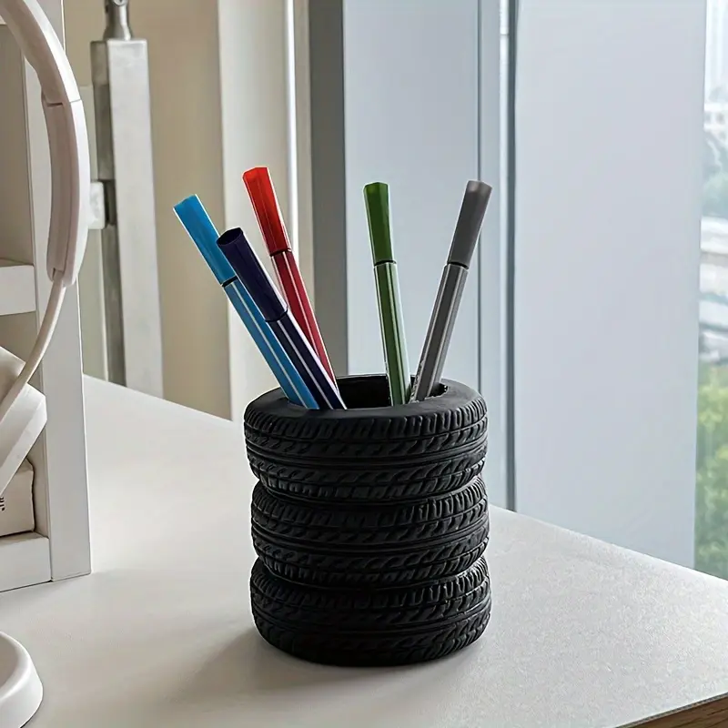 Creative Tire Shaped Pen & Brush Holder, Rubber Design, Lining, Multi-Functional Desk Organizer, Office Supplies Storage Solution, Marker pen holder, Desk Decor, Office Accessories