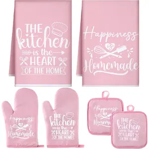 Pink Kitchen 6-Piece Set - 2 Dish Towels, 2 Oven Mitts, 2 Pot Holders for Everyday Use & Gifting - Microfiber & Polyester Cotton Materials - Comfortable Sizes for Cooking & Baking