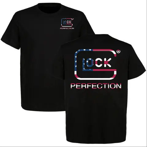 Men's Glock Perfection Graphic Cotton Top - American Flag Glock Logo, 2A Gun Enthusiast Tactical Streetwear, Distressed Hem Accent, Office Vibe Gift Tee (Pair with Cap, Denim-Cargo Pants Inspired)